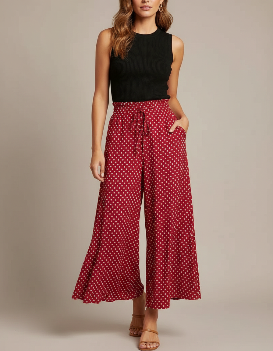Pantalon Jupe Rouge Polka Dot Fluide Bohème Ample - Viscose