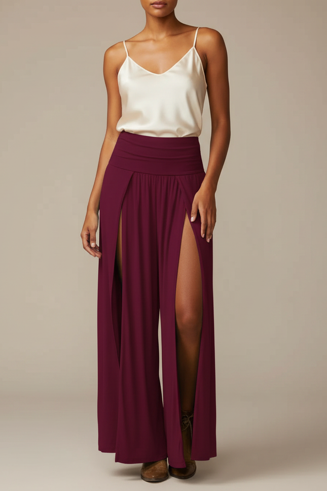 Pantalon Jupe Bordeaux Fendu Fluide Élégant Sexy - Viscose