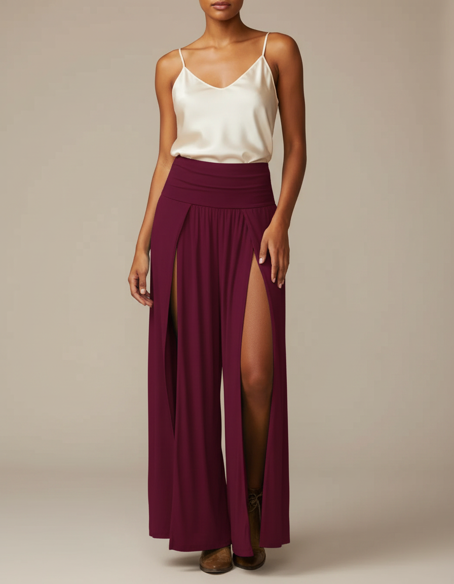 Pantalon Jupe Bordeaux Fendu Fluide Élégant Sexy - Viscose