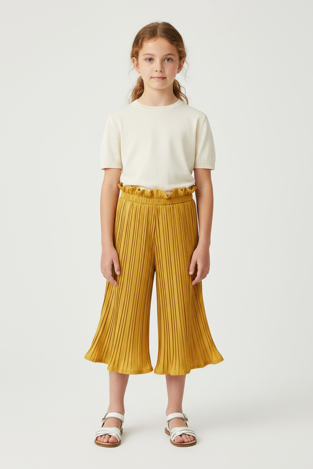 Pantalon Jupe Plissé Ample Jaune Moutarde Fille Décontracté - Maille