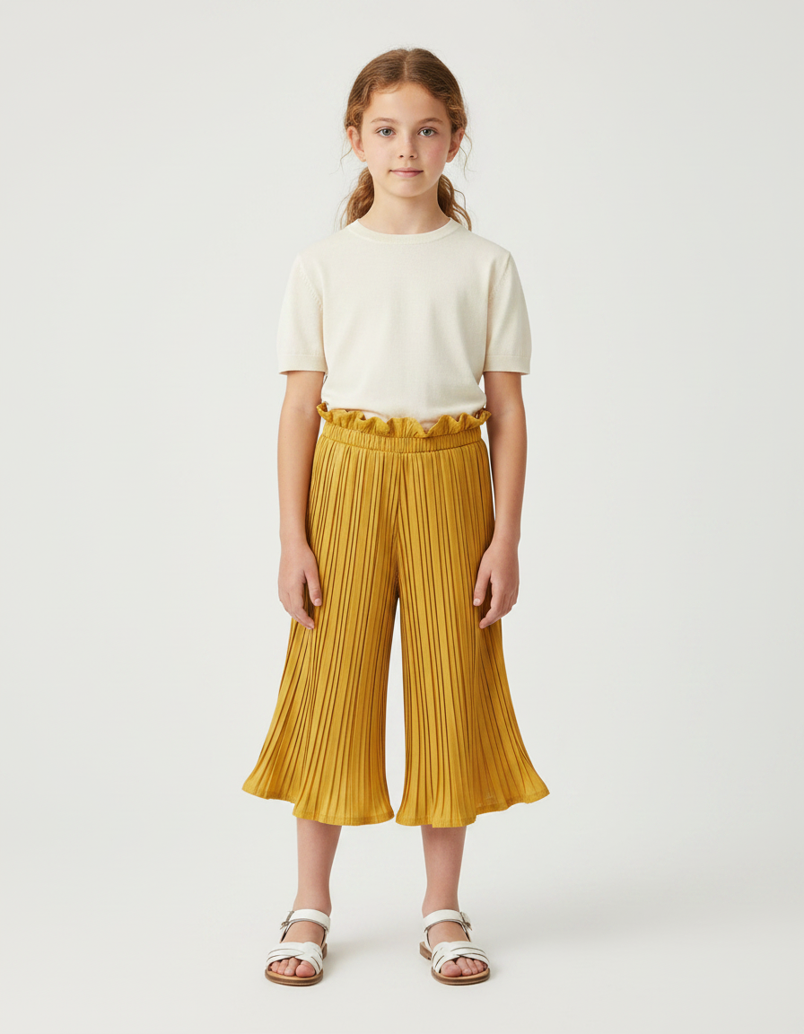 Pantalon Jupe Plissé Ample Jaune Moutarde Fille Décontracté - Maille