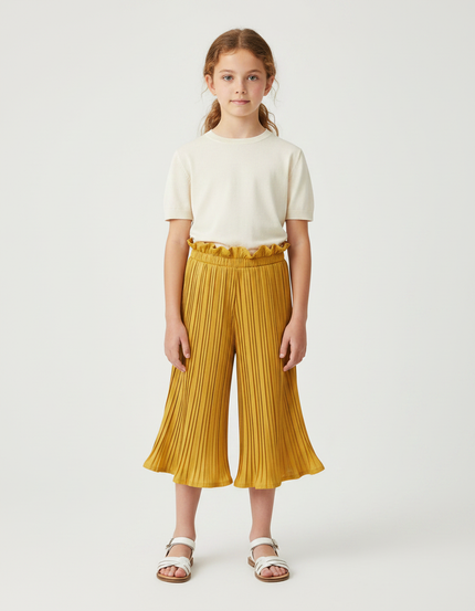 Pantalon Jupe Plissé Ample Jaune Moutarde Fille Décontracté - Maille