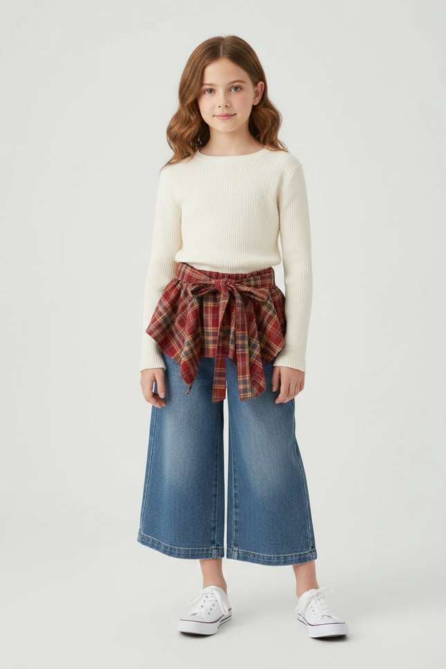 Pantalon Jupe Jean Bleu Plaid Vintage Ample Décontracté