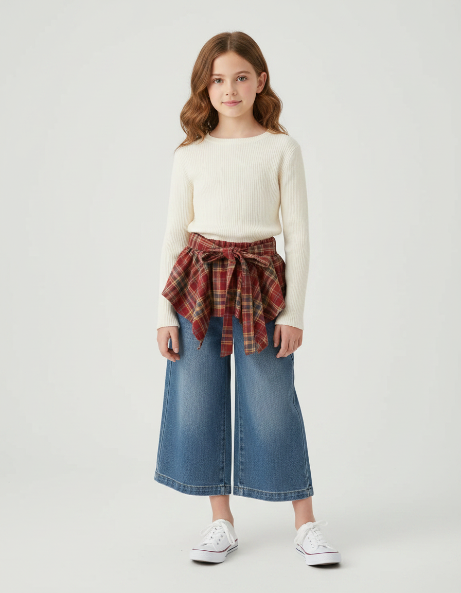 Pantalon Jupe Jean Bleu Plaid Vintage Ample Décontracté