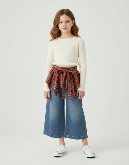 Pantalon Jupe Jean Bleu Plaid Vintage Ample Décontracté