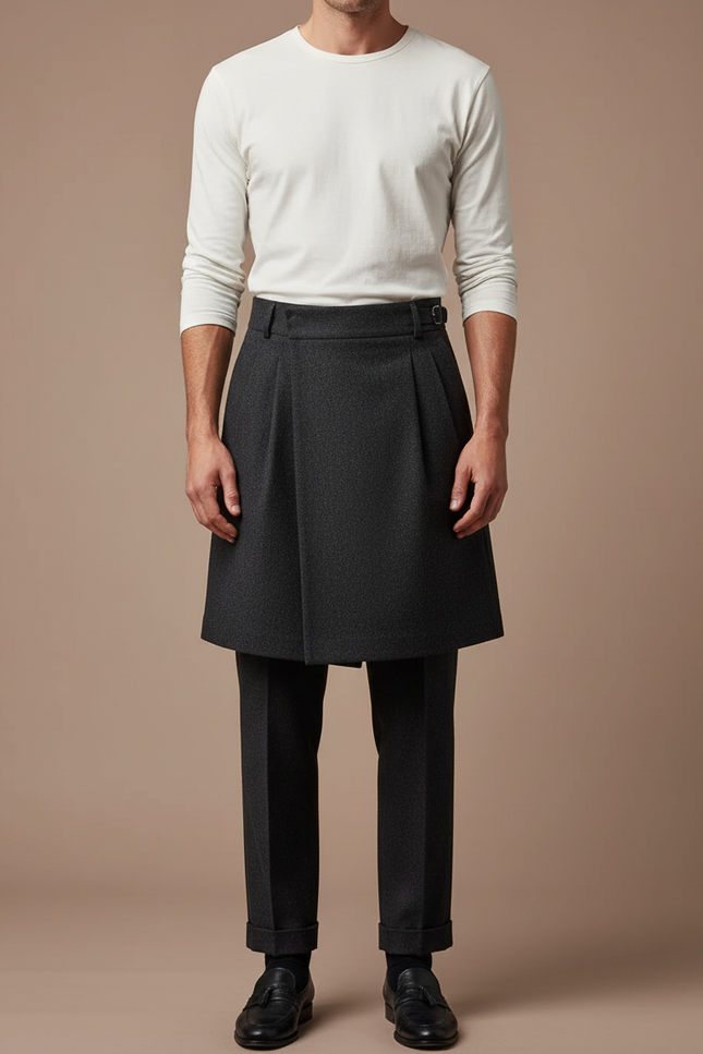 Pantalon Jupe Gris Plissé Élégant Homme Moderne - Laine