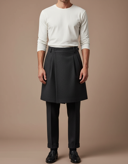 Pantalon Jupe Gris Plissé Élégant Homme Moderne - Laine
