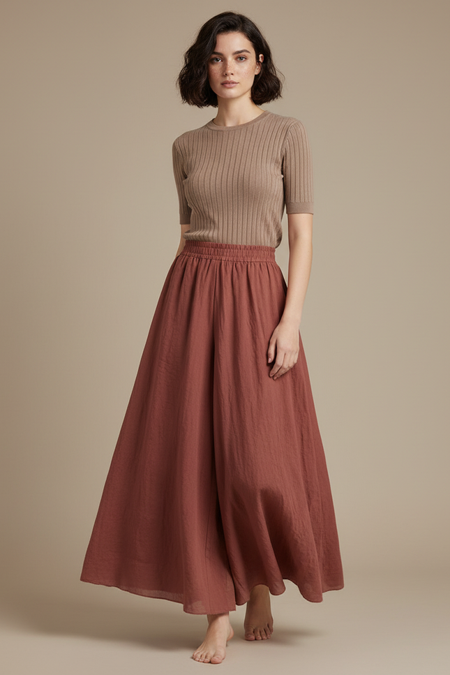 Pantalon Jupe Ample Lin Marron Élastique Fluide Femme