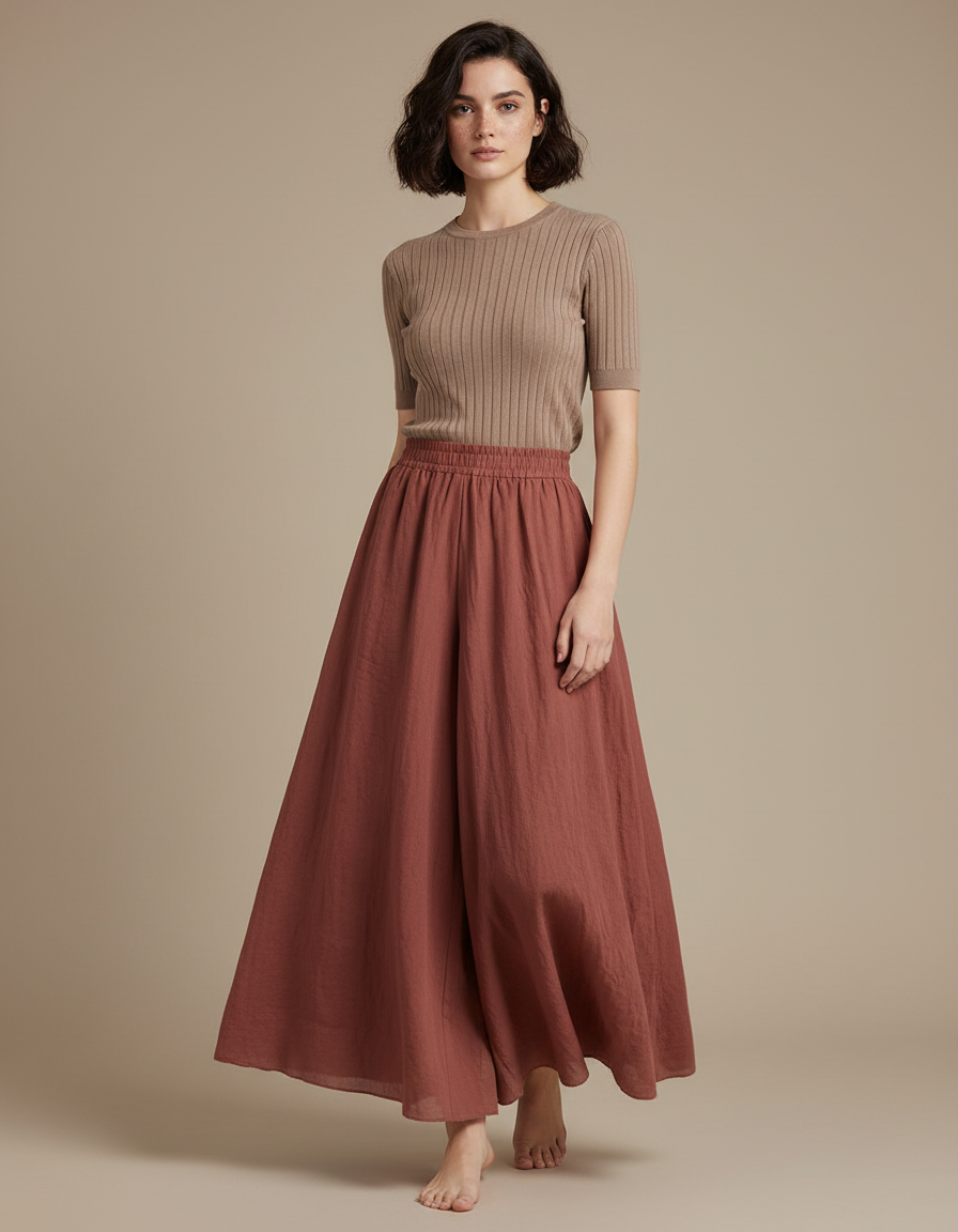 Pantalon Jupe Ample Lin Marron Élastique Fluide Femme