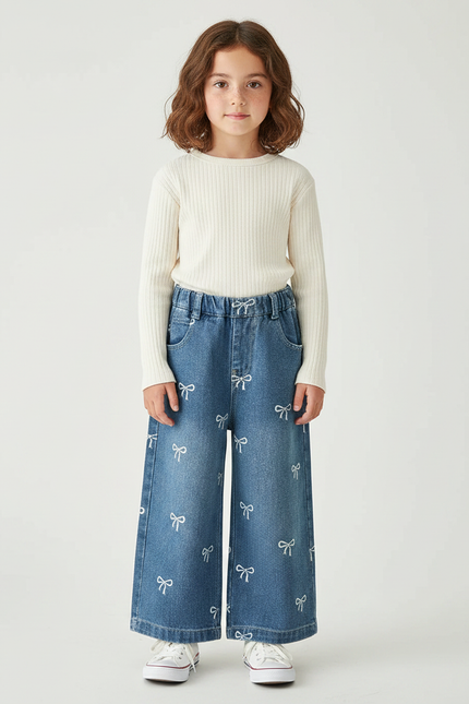 Pantalon Jupe Denim Ample Imprimé Nœuds Fille - Bleu Jean