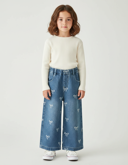 Pantalon Jupe Denim Ample Imprimé Nœuds Fille - Bleu Jean