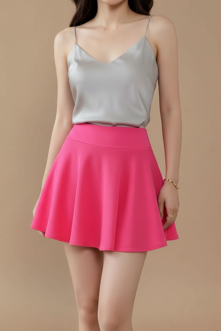 Pantalon Jupe Rose Évasée Courte Plissée Féminine - Polyester