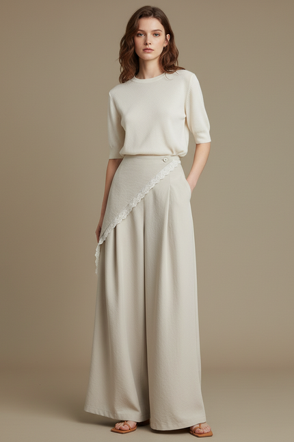 Pantalon Jupe Beige Fluide Dentelle Élégant Ample - Viscose