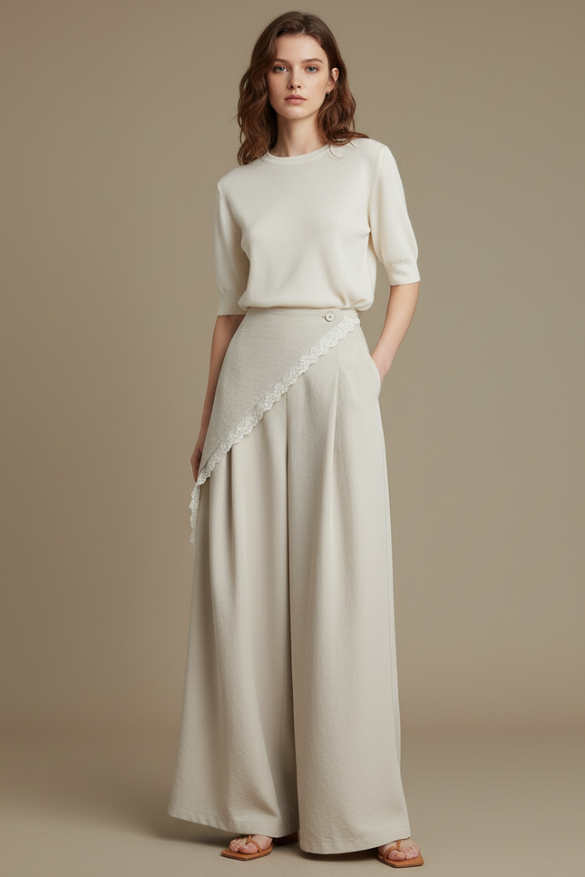 Pantalon Jupe Beige Fluide Dentelle Élégant Ample - Viscose