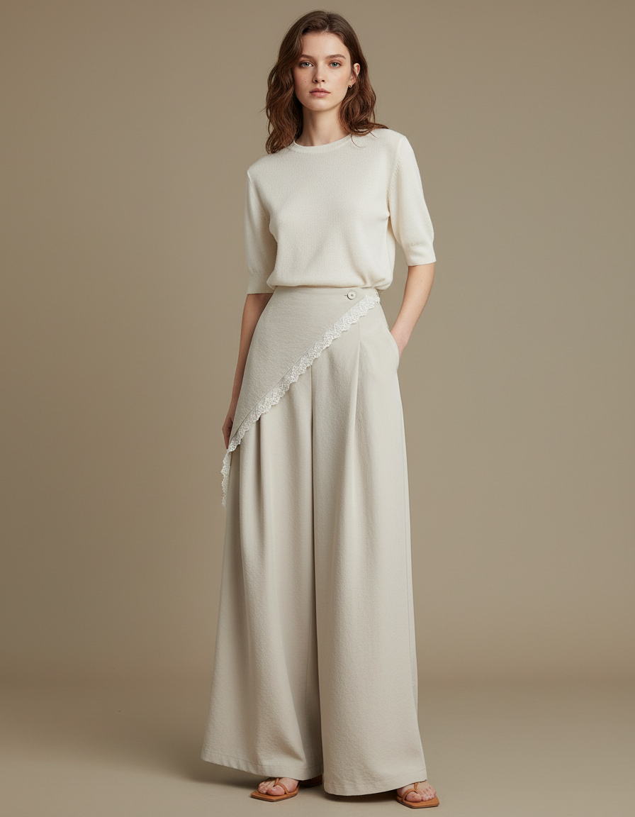 Pantalon Jupe Beige Fluide Dentelle Élégant Ample - Viscose