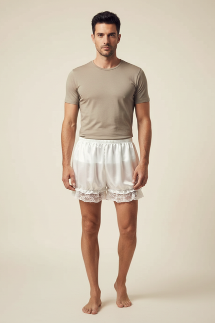 Pantalon Jupe Blanc Satiné Dentelle Homme Court