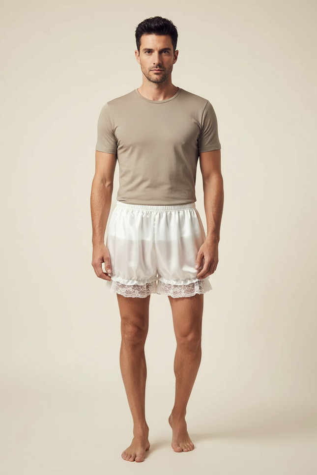 Pantalon Jupe Blanc Satiné Dentelle Homme Court