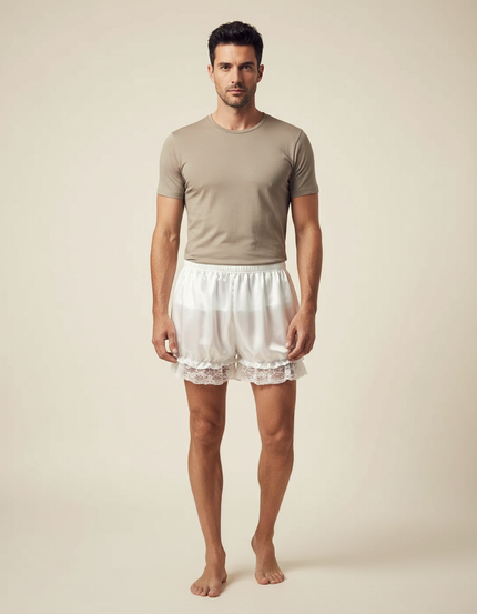 Pantalon Jupe Blanc Satiné Dentelle Homme Court