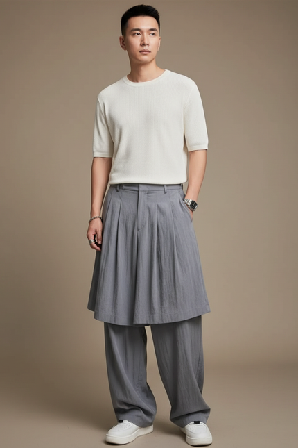 Pantalon Jupe Gris Plissé Superposé Ample Fluide Décontracté - Lin