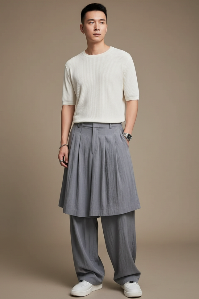 Pantalon Jupe Gris Plissé Superposé Ample Fluide Décontracté - Lin