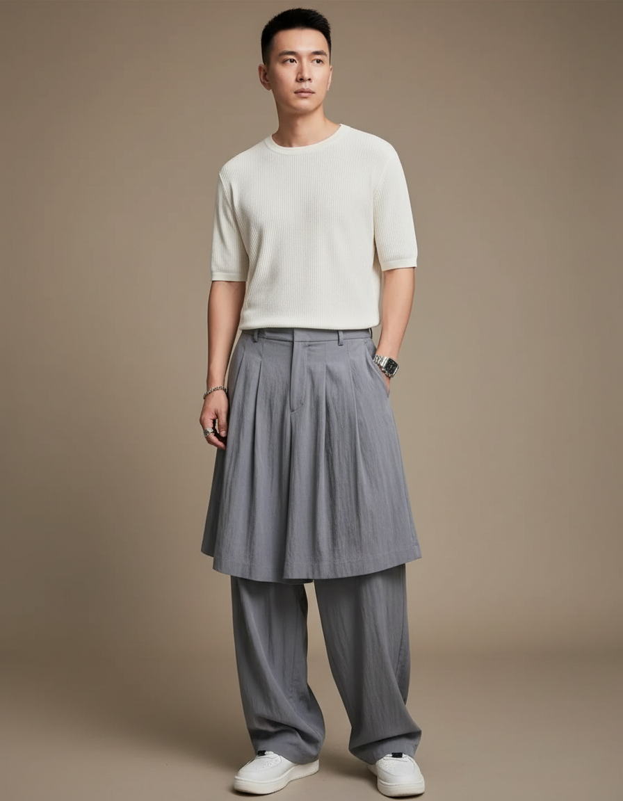 Pantalon Jupe Gris Plissé Superposé Ample Fluide Décontracté - Lin