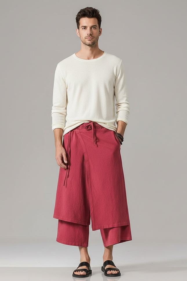 Pantalon Jupe-culotte - Bordeaux Lin