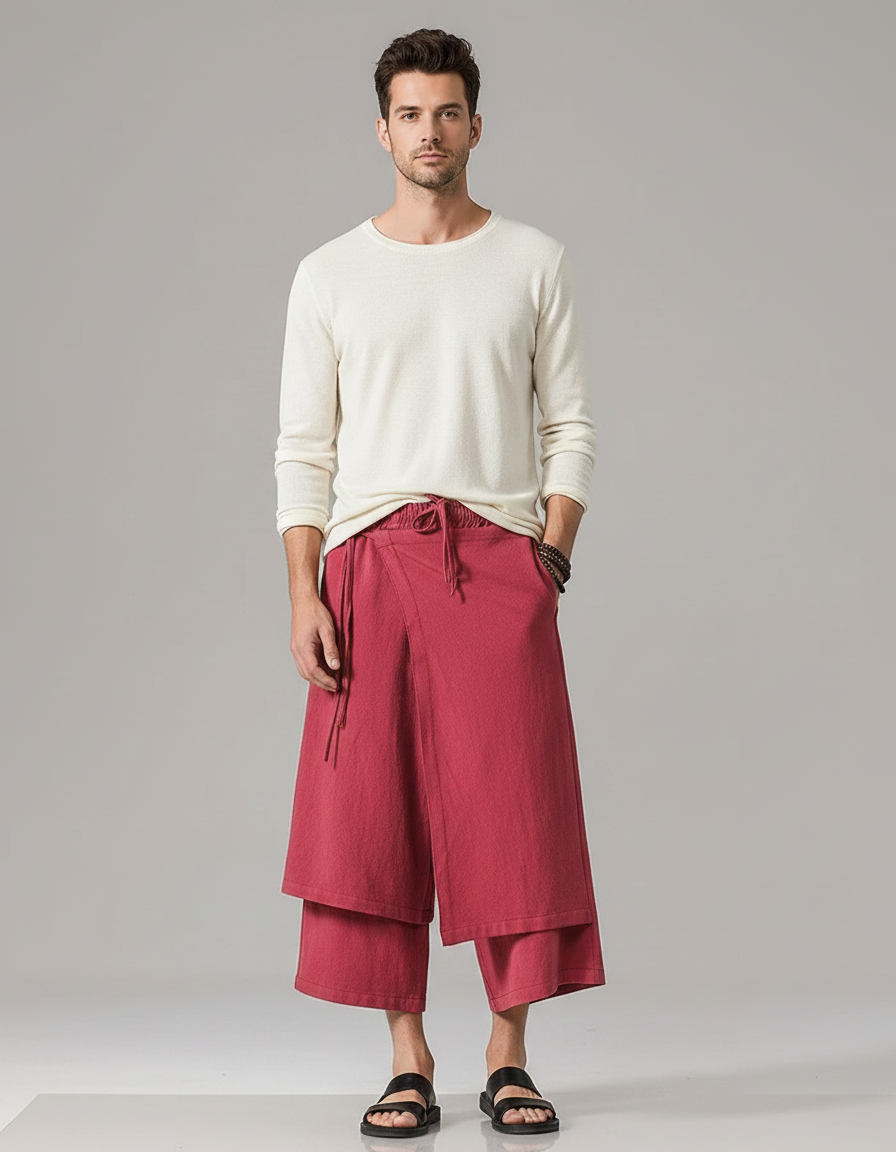 Pantalon Jupe-culotte - Bordeaux Lin