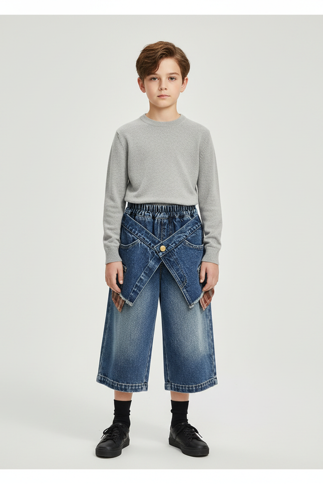 Pantalon Jupe Denim Large Croisé Décontracté Enfant - Bleu Jean