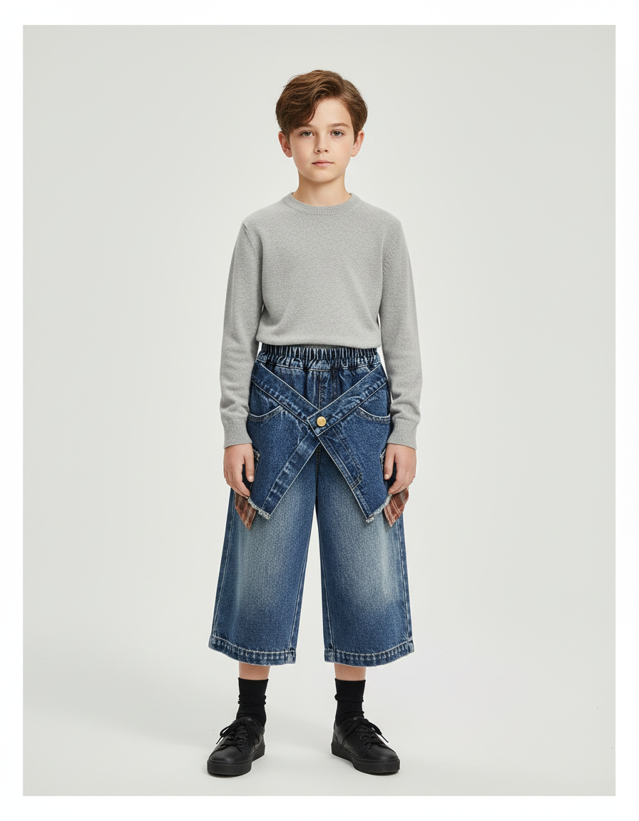 Pantalon Jupe Denim Large Croisé Décontracté Enfant - Bleu Jean