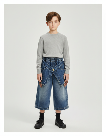 Pantalon Jupe Denim Large Croisé Décontracté Enfant - Bleu Jean