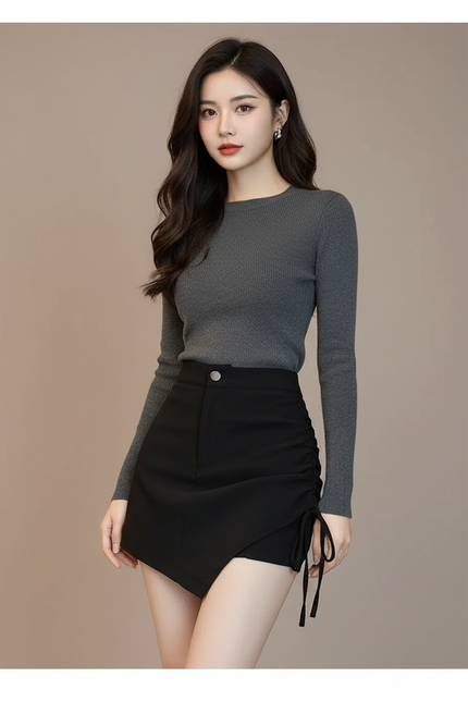 Pantalon Jupe Noir Asymétrique Cordon Élégant Court - Polyester