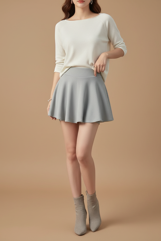 Pantalon Jupe Gris Évasé Court Plissé Doublé - Maille