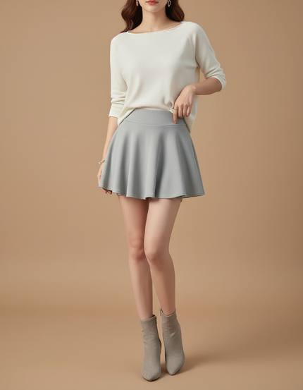 Pantalon Jupe Gris Évasé Court Plissé Doublé - Maille