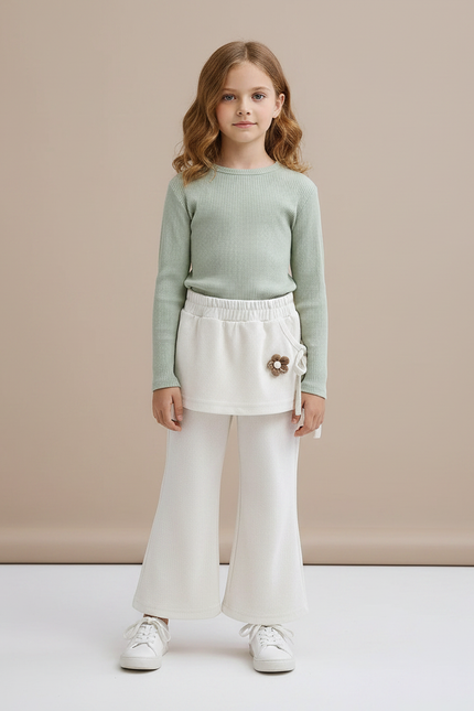 Pantalon Jupe Évasé Côtelé Fleur Crème Fille - Blanc Maille