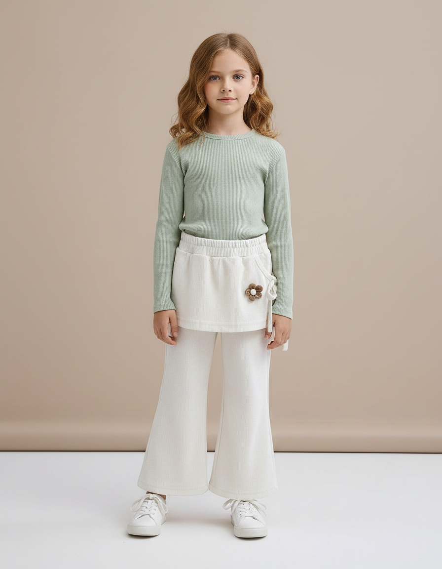 Pantalon Jupe Évasé Côtelé Fleur Crème Fille - Blanc Maille