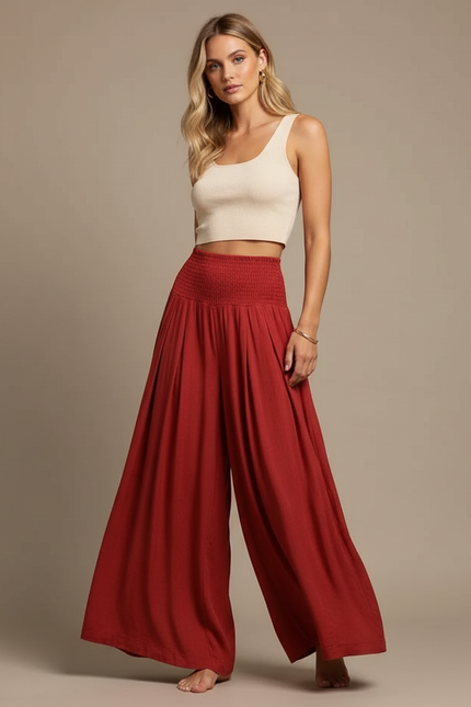 Pantalon Jupe Rouge Ample Fluide Smocké Décontracté - Viscose