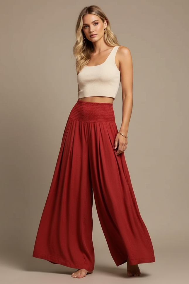 Pantalon Jupe Rouge Ample Fluide Smocké Décontracté - Viscose