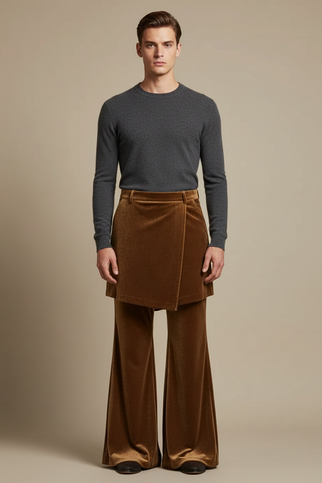 Pantalon Jupe Velours Marron Évasé Rétro Homme