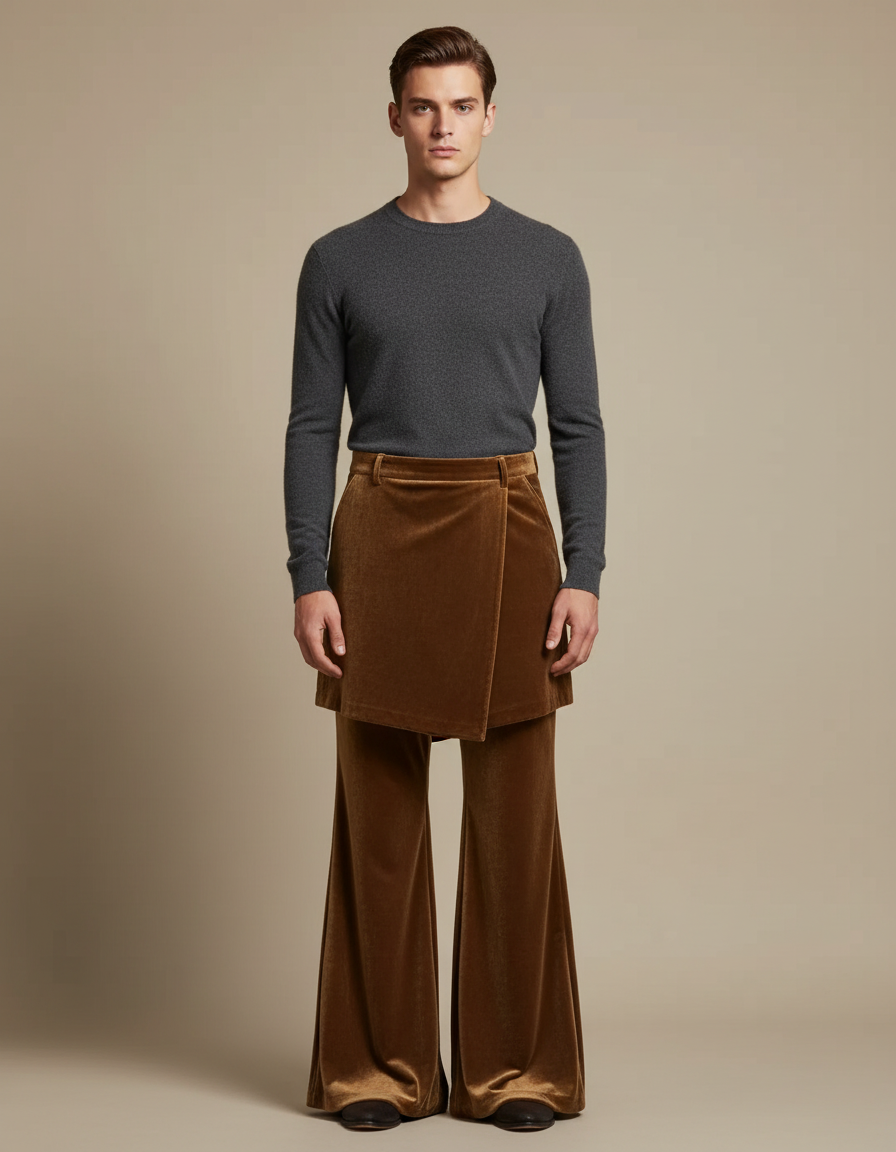 Pantalon Jupe Velours Marron Évasé Rétro Homme