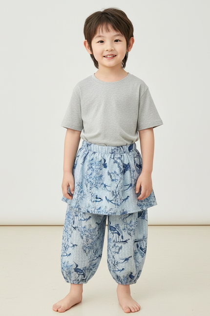 Pantalon Jupe Imprimé Oiseaux Bleu Coton Enfant