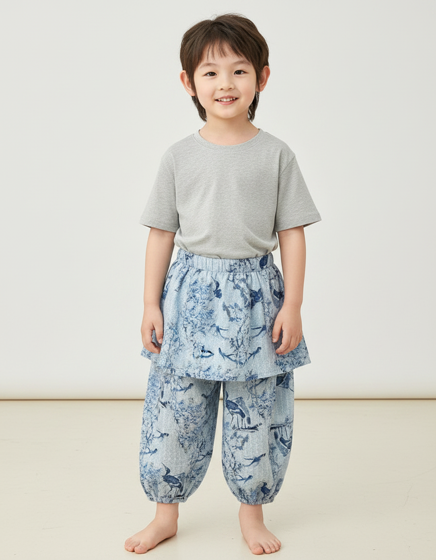 Pantalon Jupe Imprimé Oiseaux Bleu Coton Enfant