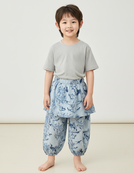 Pantalon Jupe Imprimé Oiseaux Bleu Coton Enfant