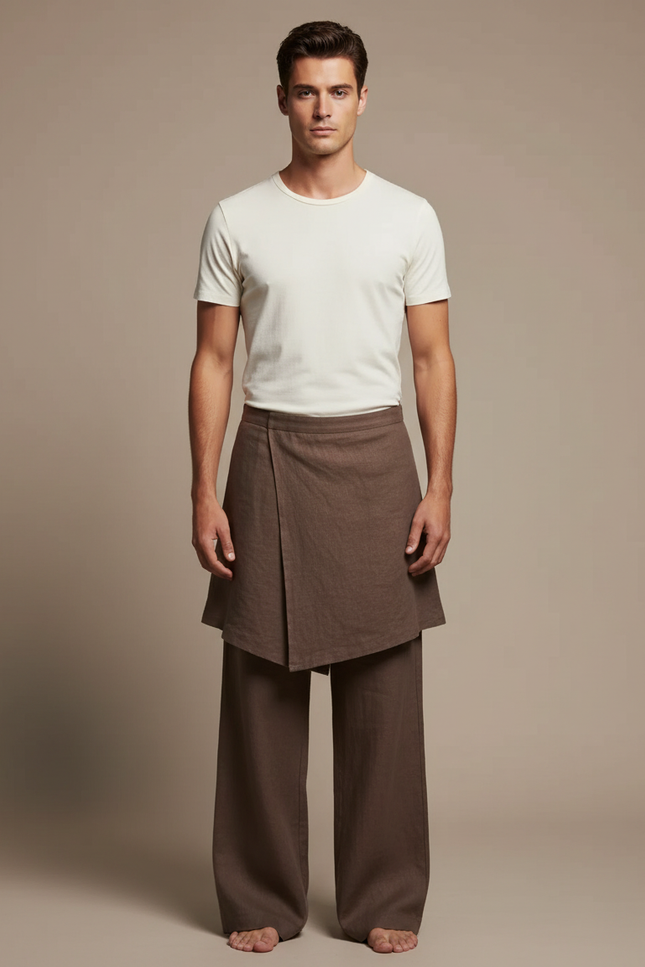 Pantalon Jupe Marron Lin Drapé Ample Homme
