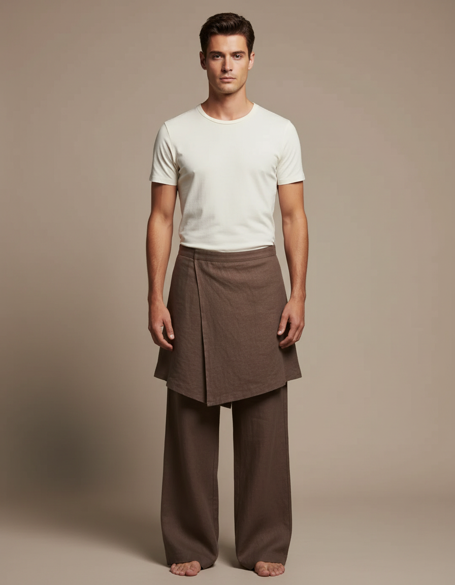 Pantalon Jupe Marron Lin Drapé Ample Homme