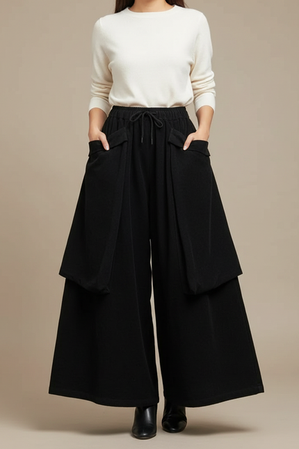 Pantalon Jupe Noir Ample Coton Fluide Poches - Viscose