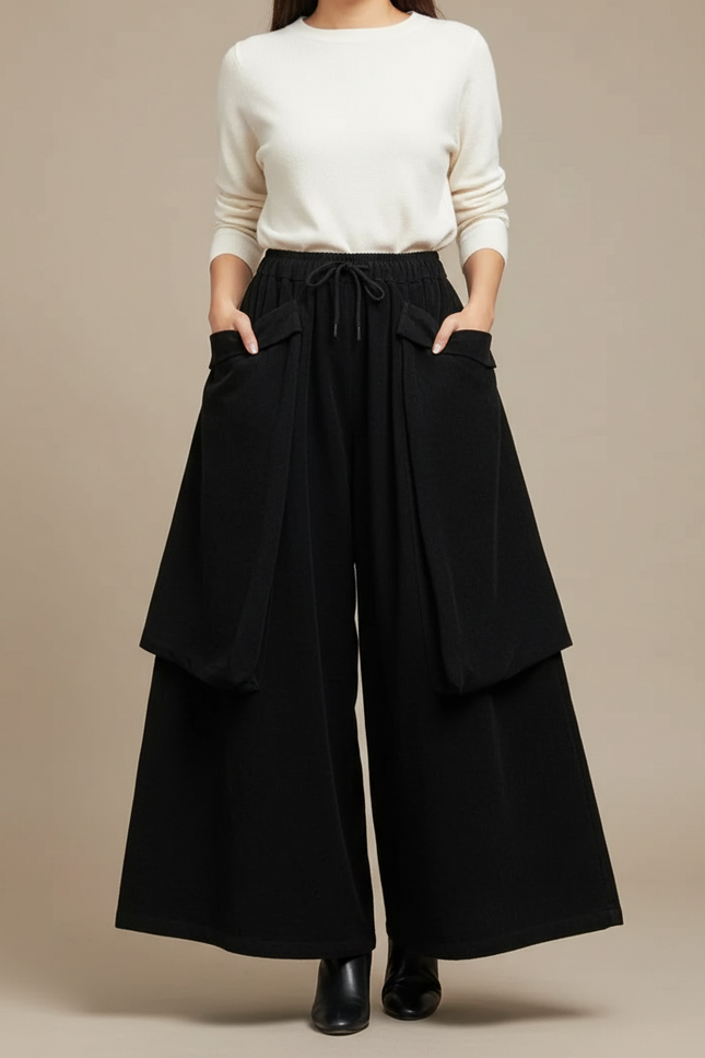 Pantalon Jupe Noir Ample Coton Fluide Poches - Viscose