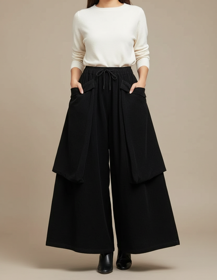Pantalon Jupe Noir Ample Coton Fluide Poches - Viscose