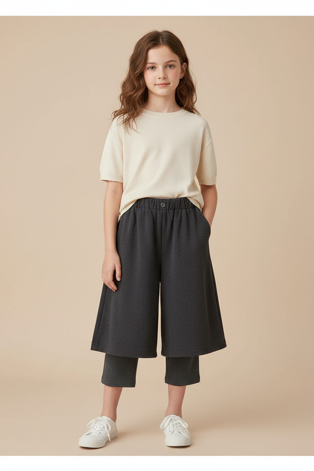 Pantalon Jupe Gris Ample Décontracté Superposé Fille - Molleton