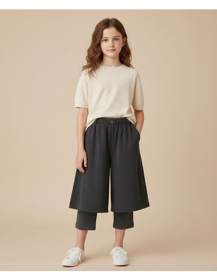Pantalon Jupe Gris Ample Décontracté Superposé Fille - Molleton