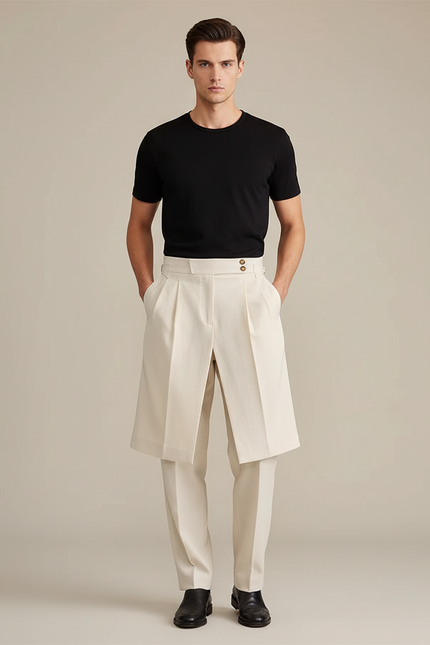 Pantalon Jupe Écru Superposé Plissé Élégant Homme - Beige Gabardine